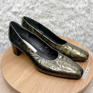Bandolino Olive Green Croc Embossed Patent Leather Square Toe Block Heel 8.5M‎